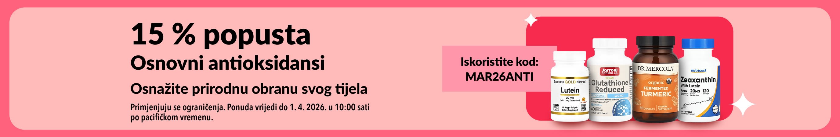 15 % popusta na dodatke prehrani s antioksidansima uz kod MAR26ANTI s prikazom wellness proizvoda.