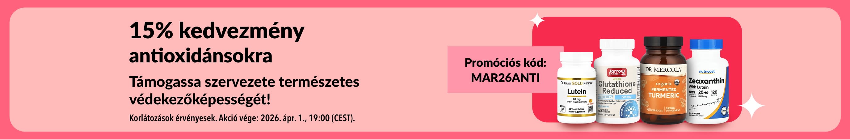 15% kedvezmény antioxidánsokra a MAR26ANTI kóddal. A képen étrend-kiegészítők láthatók.