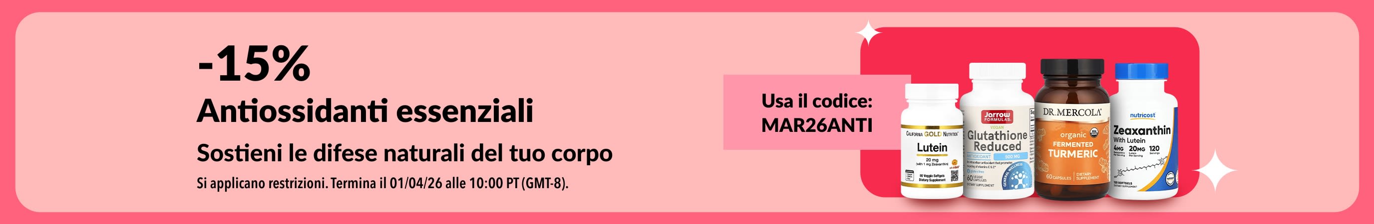 15% di sconto sugli integratori antiossidanti con il codice MAR26ANTI, con prodotti per il benessere.