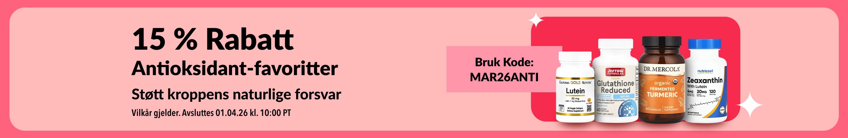 15 % rabatt på antioksidanter med koden MAR26ANTI, inkludert velværeprodukter.