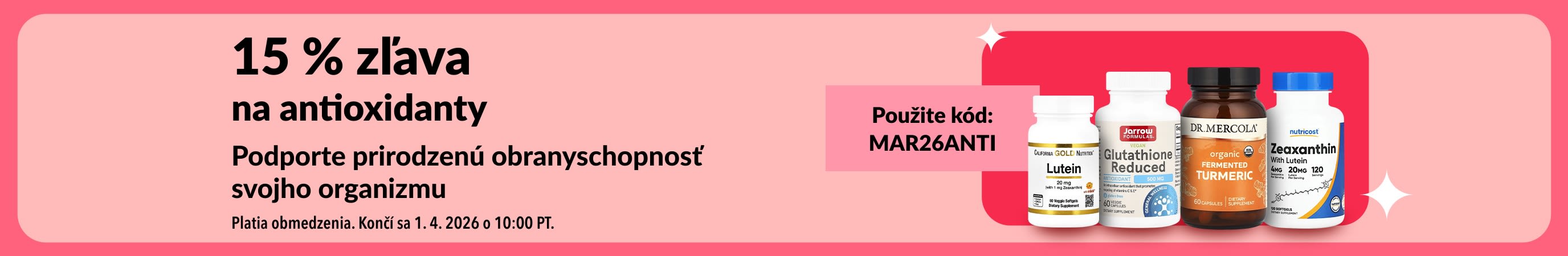 15 % zľava na doplnky stravy s antioxidantmi s kódom MAR26ANTI a produktmi pre zdravie napravo.