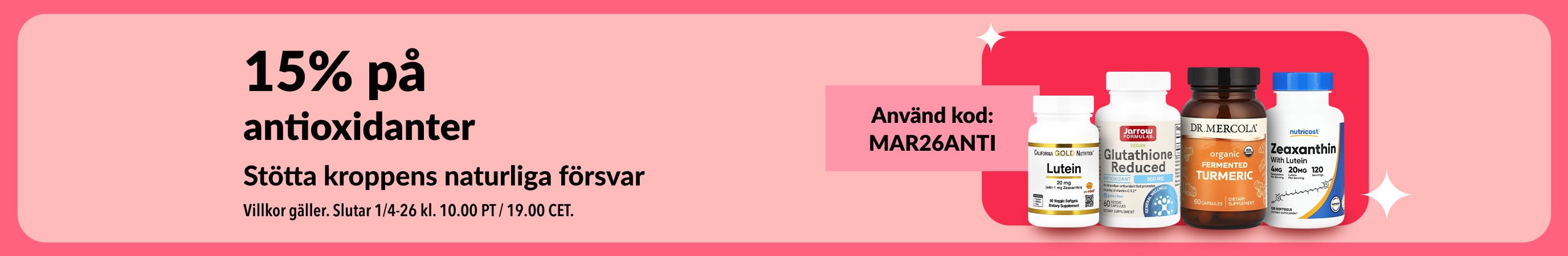 15% på antioxidanttillskott med koden MAR26ANTI, med hälsoprodukter.
