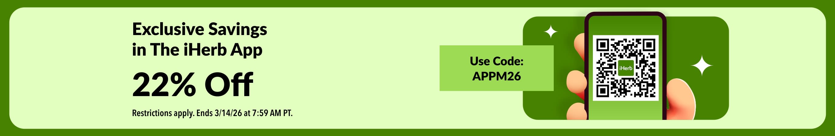 iHerb app exclusive savings banner showing 22% off with QR code and promo code APPM26.