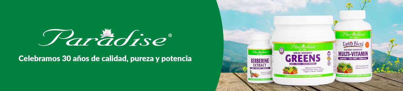 Paradise banner celebrating 30 years of quality supplements, featuring Berberine Extract, Greens, and Multivitamin products.