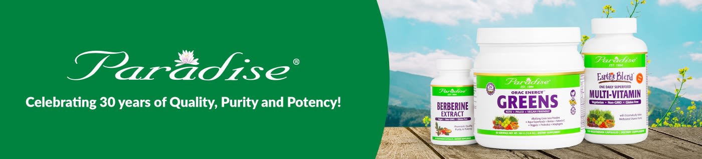 Paradise banner celebrating 30 years of quality supplements, featuring Berberine Extract, Greens, and Multivitamin products.