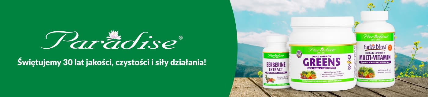 Paradise banner celebrating 30 years of quality supplements, featuring Berberine Extract, Greens, and Multivitamin products.