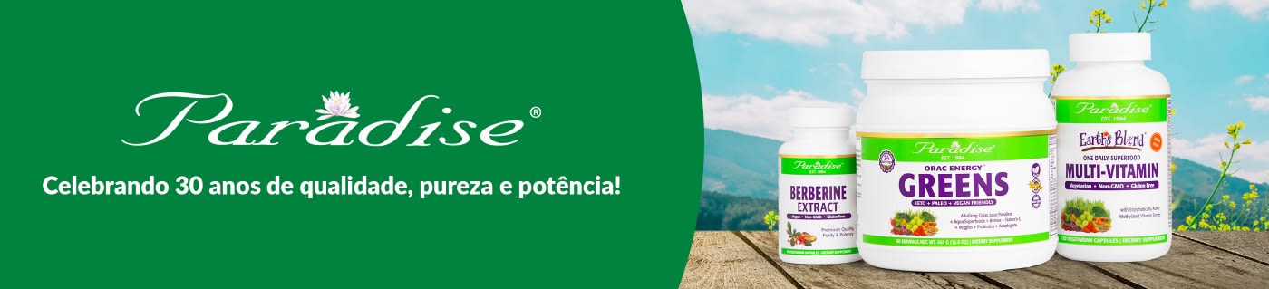 Paradise banner celebrating 30 years of quality supplements, featuring Berberine Extract, Greens, and Multivitamin products.