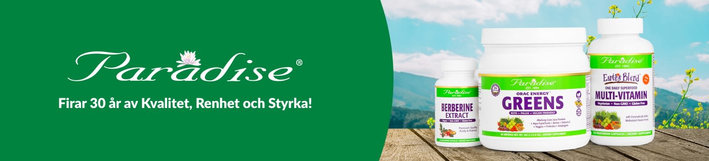 Paradise-banner som firar 30 år av kvalitetstillskott, med berberinextrakt, grönpulver och multivitaminprodukter.