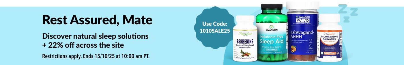 iHerb banner promoting 22% off natural sleep supplements with code 1010SALE25, featuring Berberine, Melatonin, Ashwagandha and probiotics.
