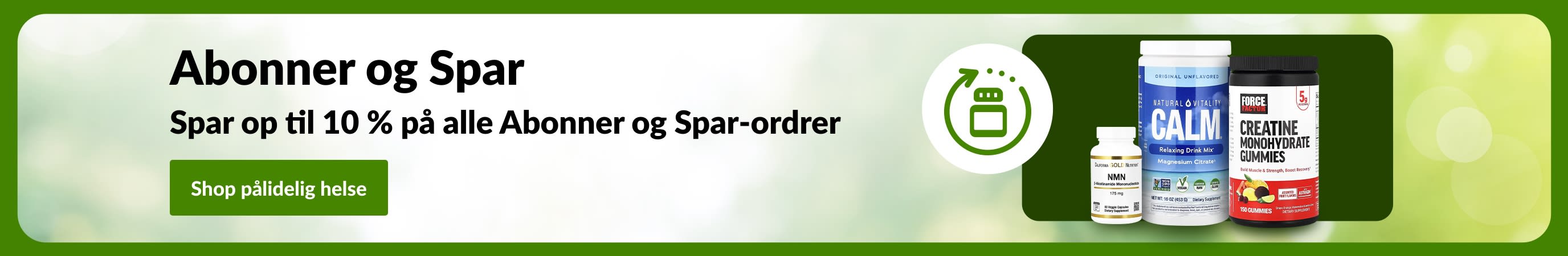 Abonner og Spar-banner, der viser kosttilskud og beskeden 
