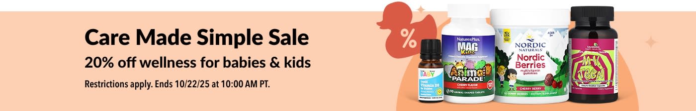 iHerb banner promoting 20% off wellness products for babies and kids, featuring vitamins and gummies.
