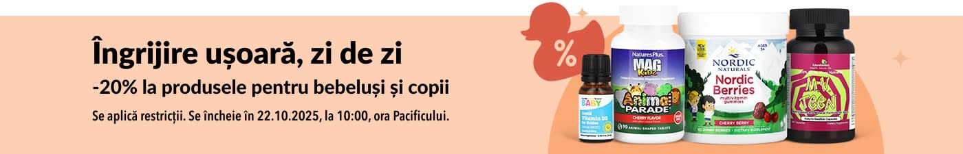 Banner iHerb ce promovează produse pentru bebeluși și copii cu 20% reducere, inclusiv vitamine și jeleuri.