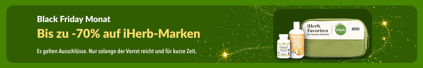 iHerb-Banner für den Black Friday-Monat mit bis zu 70% Rabatt auf iHerb-Marken mit Supplements und Produkten von Mild By Nature.