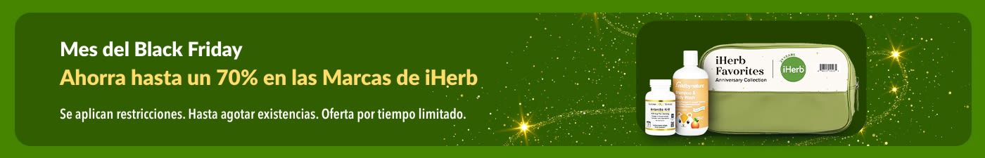 Banner del mes del Black Friday de iHerb que ofrece hasta un 70% de descuento en marcas de iHerb, con suplementos y productos de Mild By Nature.