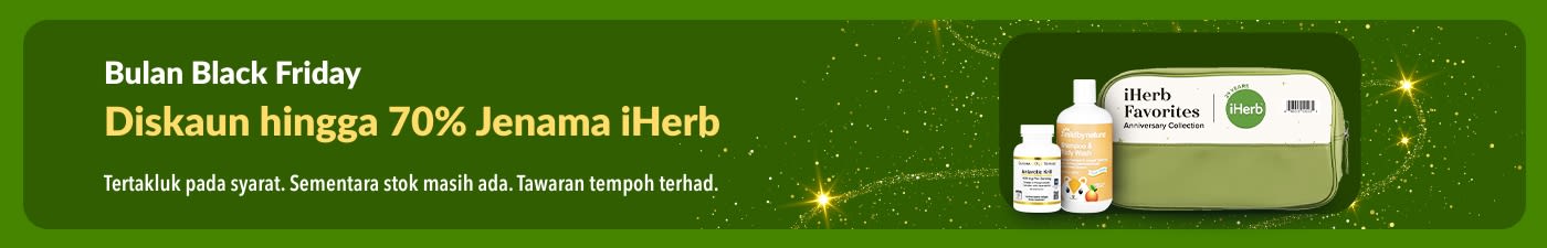 Sepanduk Bulan Black Friday iHerb menawarkan diskaun hingga 70% untuk jenama iHerb, yang memaparkan suplemen dan produk Mild By Nature.