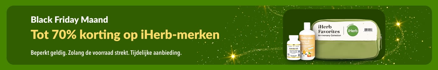 iHerb Black Friday-maandbanner met tot wel 70% korting op iHerb-merken, zoals supplementen en Mild By Nature-producten.