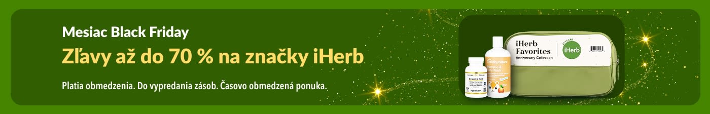 Banner iHerb k Black Friday ponúkajúci zľavy až do 70 % na značky iHerb, doplnky výživy a produkty Mild By Nature.
