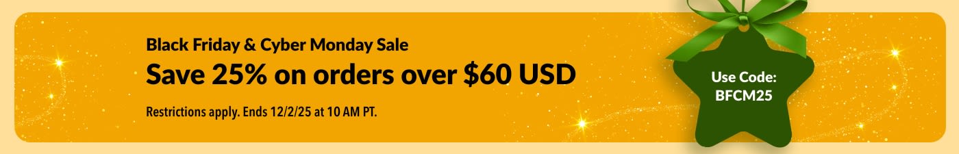 iHerb Black Friday and Cyber Monday banner offering 25% off orders over $60 USD with promo code BFCM25 on golden background.