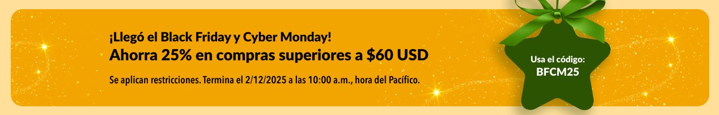 Banner de iHerb para el Black Friday y Cyber Monday. Fondo dorado, texto que ofrece un 25% de descuento en compras superiores a $60 USD con el código: BFCM25.