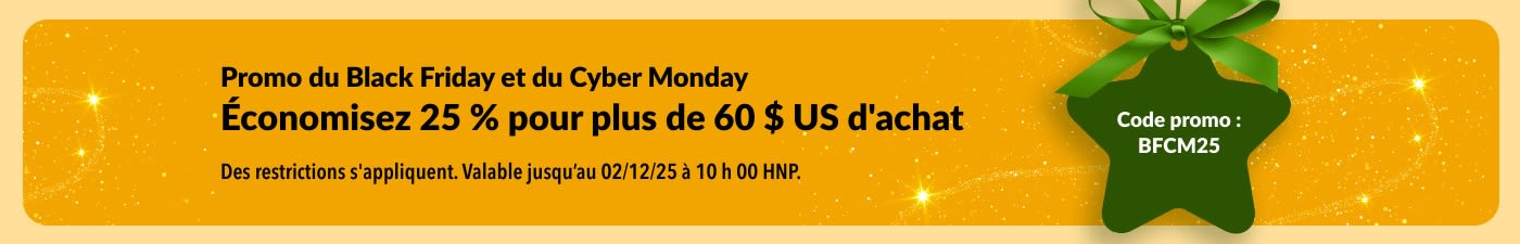 Bannière iHerb Black Friday et Cyber Monday offrant 25 % de réduction sur les commandes supérieures à 60 $ US avec le code promotionnel BFCM25 sur fond doré.