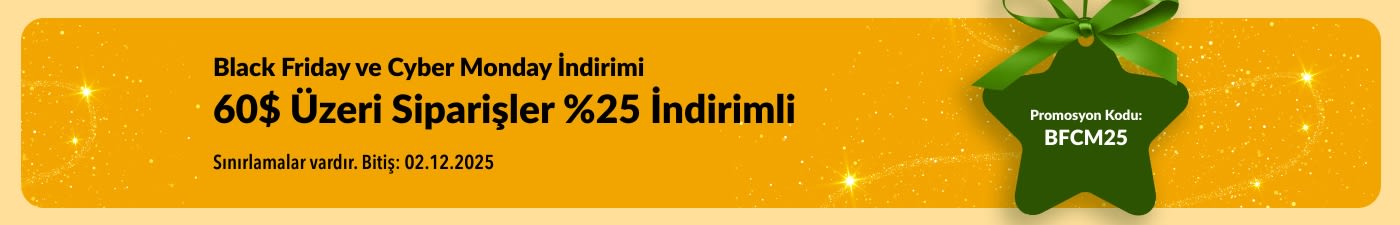 iHerb Black Friday ve Cyber Monday bannerı: Altın zemin üzerinde 60 USD üzeri siparişlerde %25 indirim, promosyon kodu BFCM25.