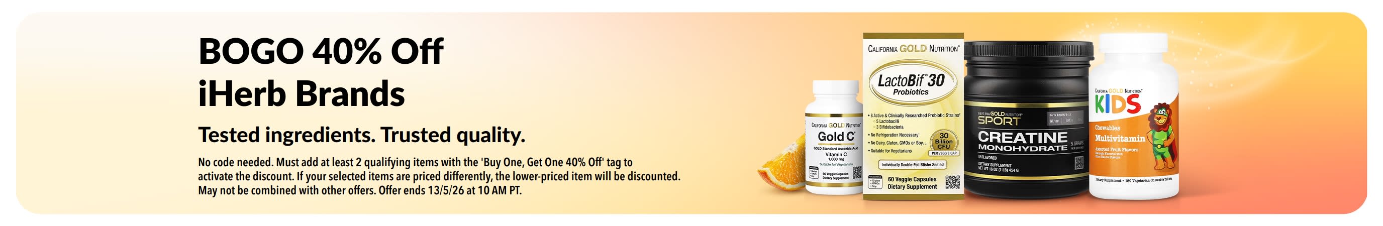 BOGO 40% off iHerb brands banner with products, promoting trusted quality and tested ingredients.