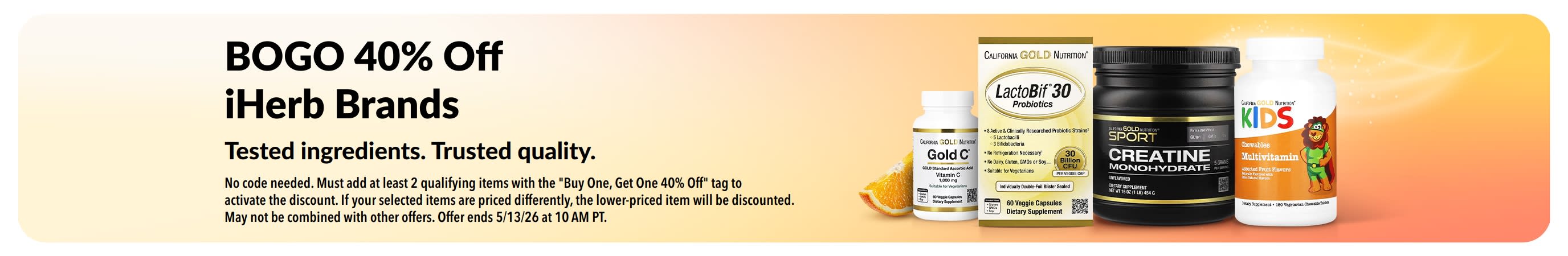 BOGO 40% off iHerb brands banner with products, promoting trusted quality and tested ingredients.