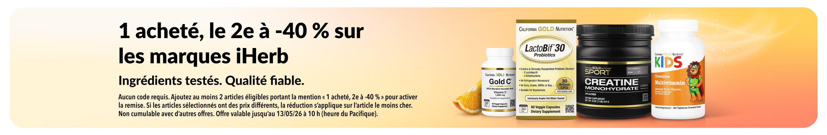 Bannière « 1 acheté, le 2e à -40 % » sur les marques iHerb, avec des ingrédients testés et une qualité fiable.