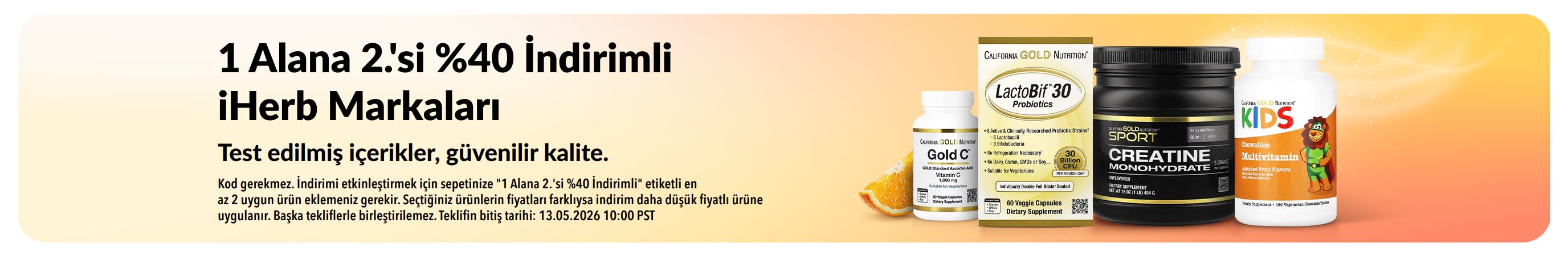 iHerb markalarında 1 Alana 2.'si %40 indirim fırsatını öne çıkaran, güvenilir kalite ve test edilmiş içerikleri vurgulayan ürün odaklı banner.