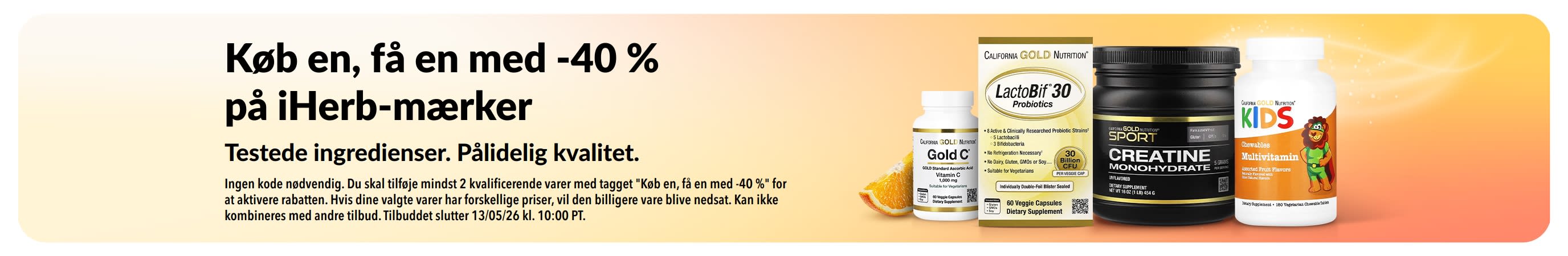 Køb en, få en med -40 % på iHerb-mærker banner med produkter, der promoverer pålidelig kvalitet og testede ingredienser.