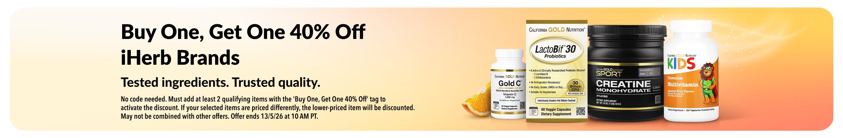 BOGO 40% off iHerb brands banner with products, promoting trusted quality and tested ingredients.