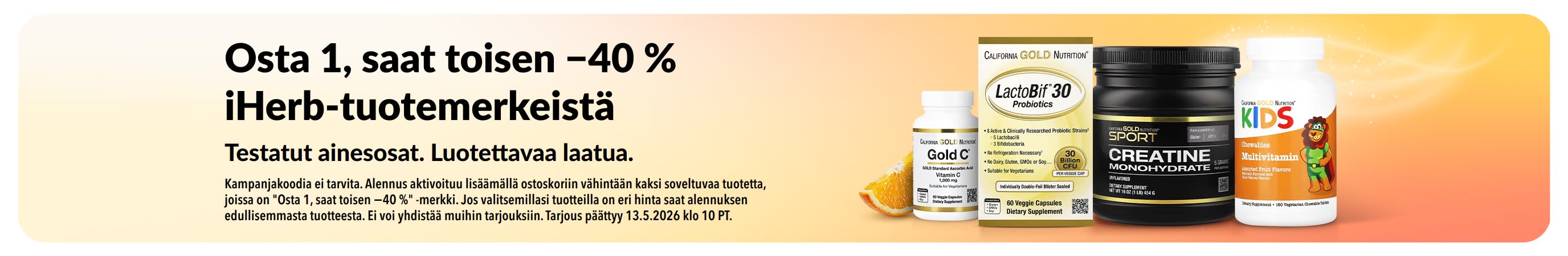 Osta 1, saat toisen −40 % iHerb-tuotemerkeistä mainosbanneri. Kuvassa tuotteita ja teksti luotettavasta laadusta sekä testatuista ainesosista.