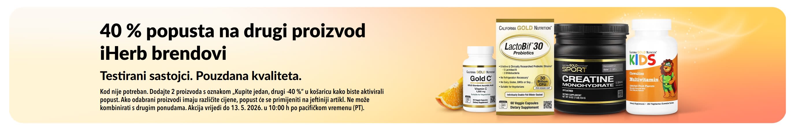 Reklamni natpis koji promovira akciju na iHerb brendove „40 % popusta na drugi proizvod”, s prikazom proizvoda i isticanje pouzdane kvalitete i testiranih sastojaka.