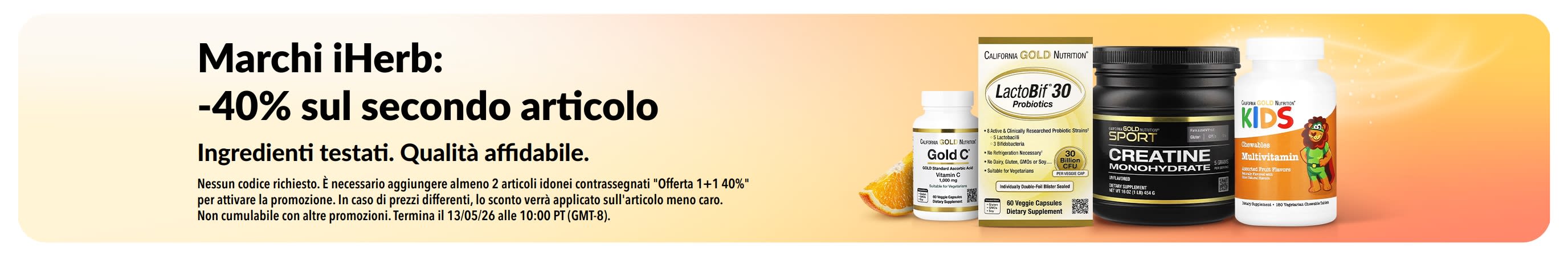 Banner che comunica uno sconto del 40% sul secondo prodotto appartenente ai marchi esclusivi iHerb; sono mostrati alcuni prodotti, e si comunicano qualità affidabile e ingredienti testati. 