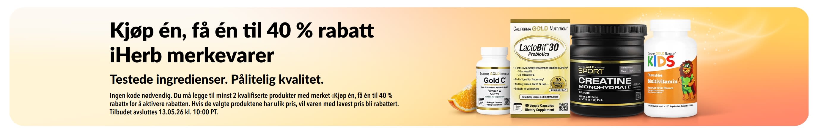 Banner for iHerb-merkevarer med produkter, kjøp én, få én til 40 % rabatt, som fremmer pålitelig kvalitet og testede ingredienser.