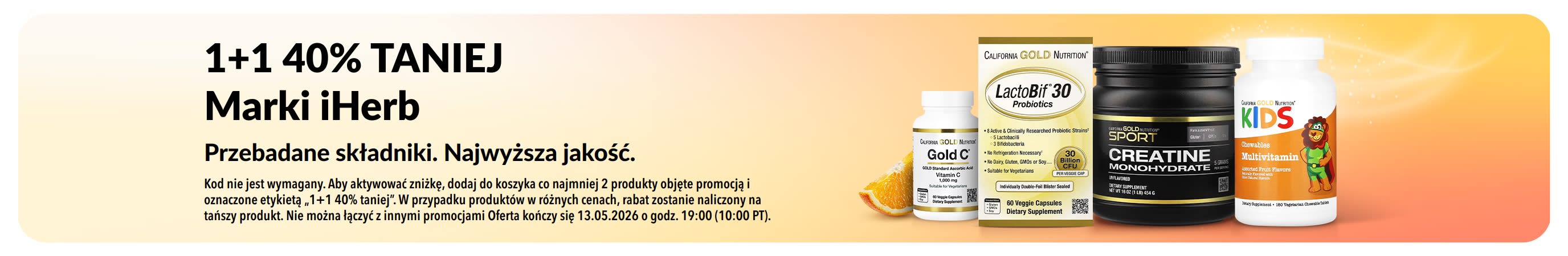 Baner „1+1 40% taniej” na marki iHerb; grafika przedstawia produkty oraz hasła promujące zaufaną jakość i przebadane składniki.