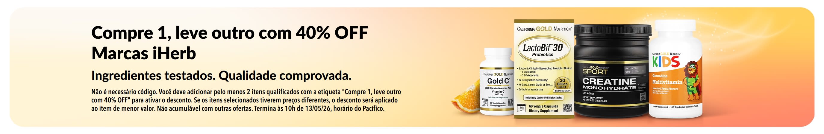 ​Compre 1, leve outro com 40% OFF em marcas iHerb com produtos, promovendo qualidade confiável e ingredientes testados.