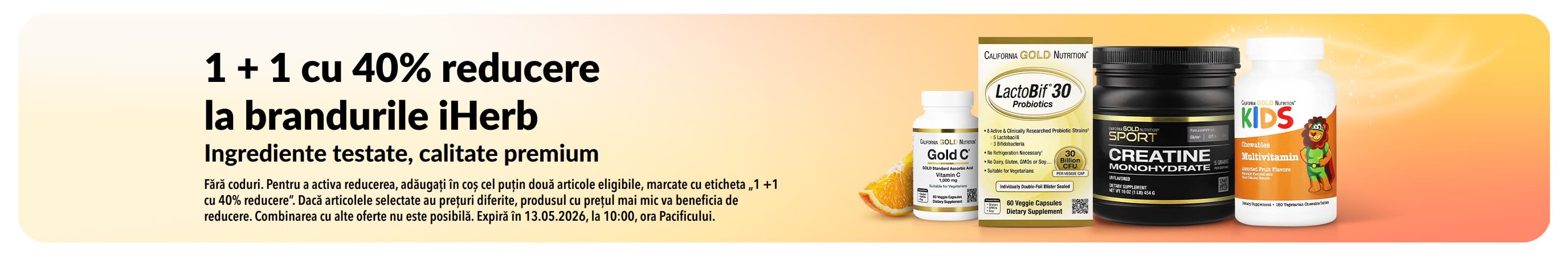 Banner 1 + 1 cu 40% reducere la brandurile iHerb, cu produse, promovând calitatea, încrederea și ingredientele testate.