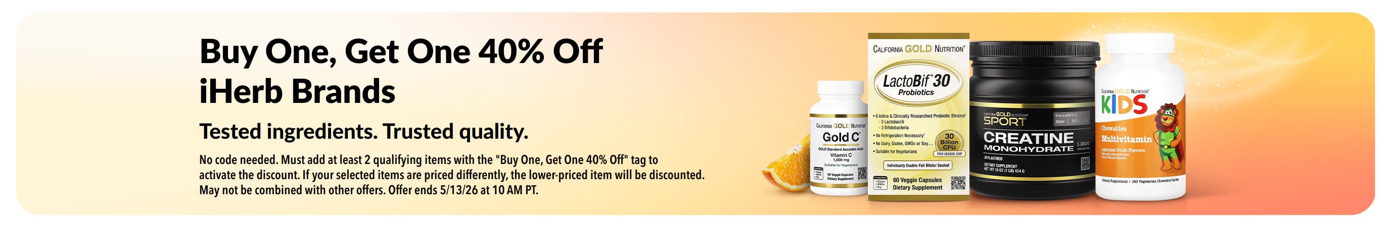BOGO 40% off iHerb brands banner with products, promoting trusted quality and tested ingredients.