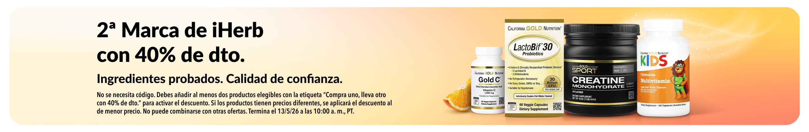 Banner con el texto “2ª Marca de iHerb con 40% de dto.” que destaca la calidad de confianza y los ingredientes probados.