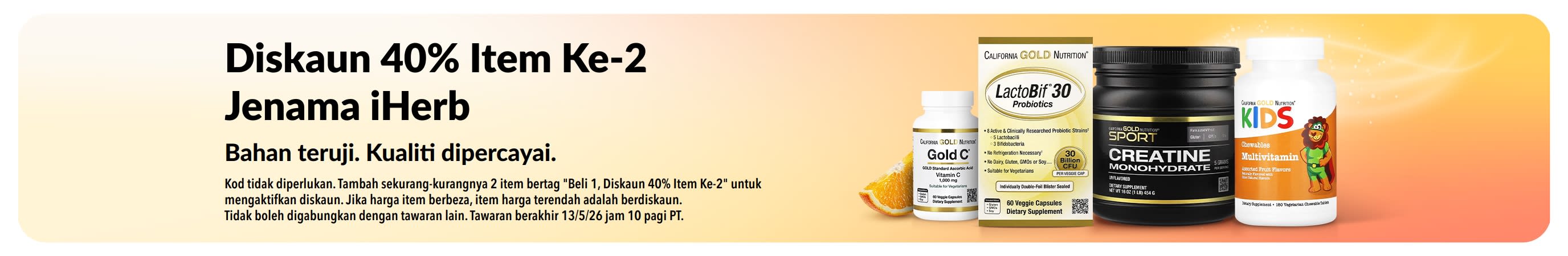 Sepanduk diskaun 40% Item Ke-2 jenama iHerb dengan produk, mempromosikan qualiti dipercayai dan bahan teruji.