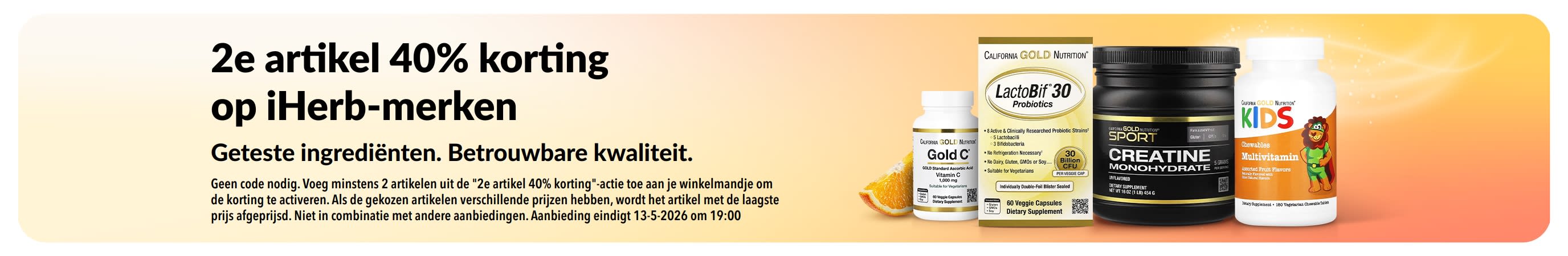 40% korting op het tweede product van iHerb-merken (banner) met producten die de vertrouwde kwaliteit en geteste ingrediënten promoten.