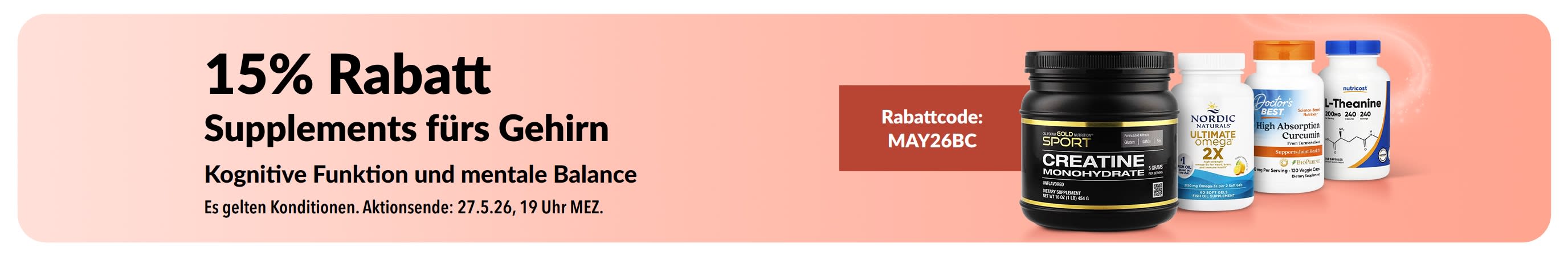 Banner mit 15% Rabatt auf Nahrungsergänzungsmittel für das Gehirn mit Code MAY26BC und ausgewählten Produkten.