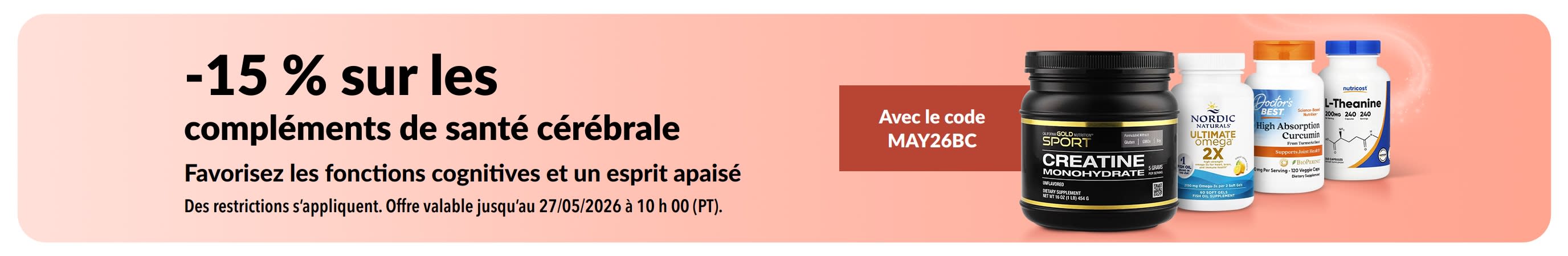 Bannière promo avec -15 % sur des compléments pour la santé cérébrale avec le code MAY26BC et une sélection de produits.