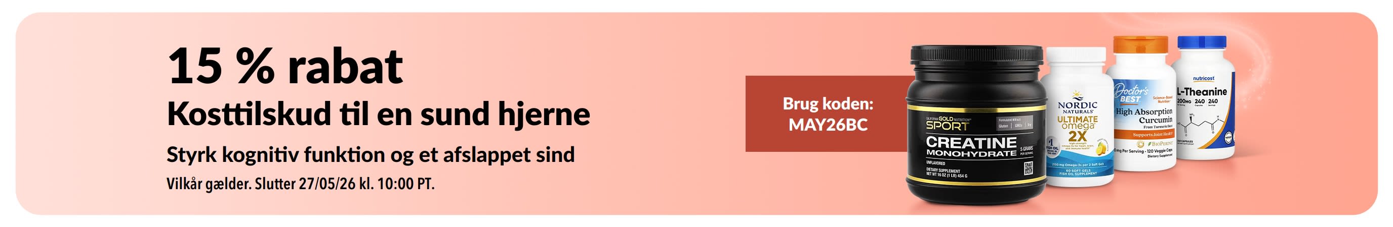 Banner med 15 % rabat på kosttilskud til en sund hjerne med rabatkoden MAY26BC og udvalgte kosttilskudsprodukter.