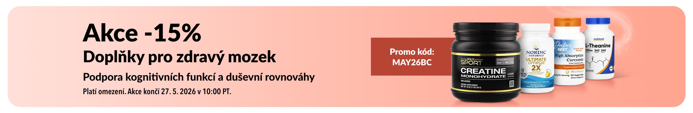Banner propagující 15% slevu na doplňky stravy pro zdravý mozek s promo kódem MAY26BC a vybranými produkty.