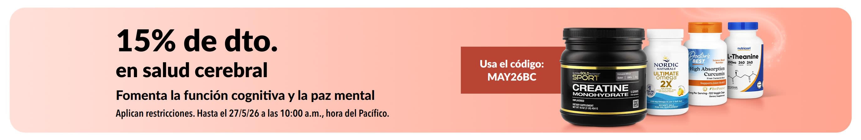 Banner que promociona un 15 % de descuento en suplementos para la salud cerebral con el código MAY26BC y productos destacados.
