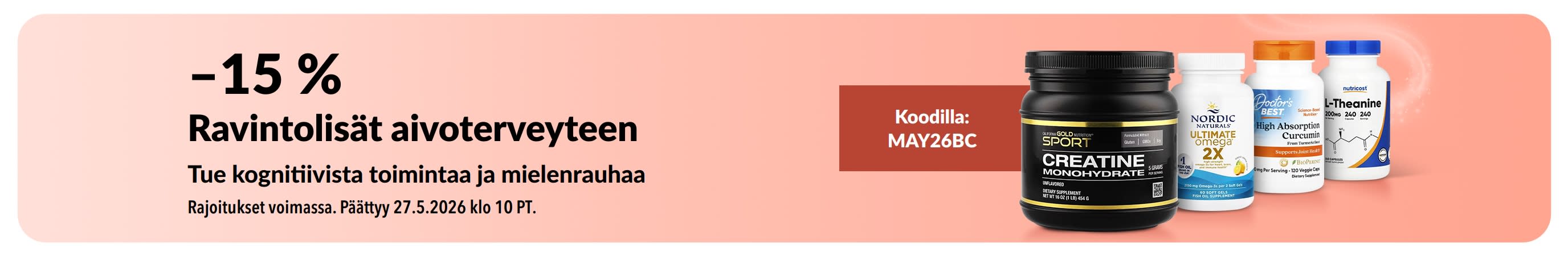 Banneri, joka tarjoaa –15 % ravintolisistä aivoterveyteen koodilla MAY26BC, kuvassa lisäravinteita.