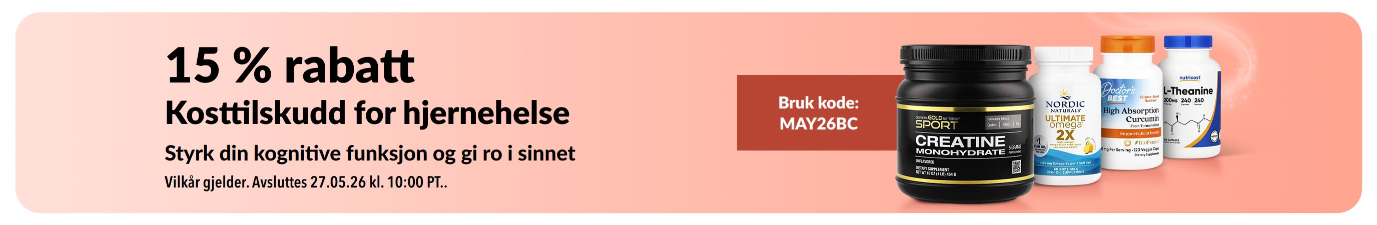 Banner som promoterer 15 % rabatt på kosttilskudd for hjernehelse med kampanjekode MAY26BC og utvalgte kosttilskuddsprodukter.