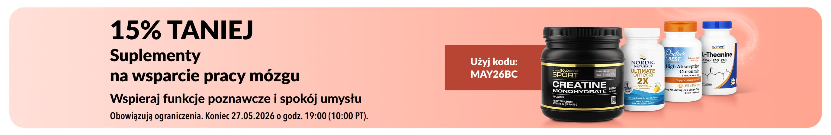 Baner promujący 15% zniżki na suplementy wspierające zdrowie mózgu z kodem promocyjnym MAY26BC oraz wybrane produkty.